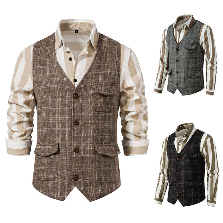 Herren kariertes Wollmix Gilet mit Brusttasche und aufgesetzten Seitentaschen Nord Taschen