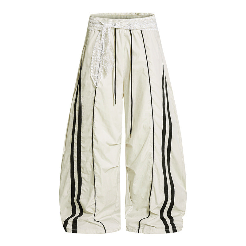 Damen Weite Palazzo-Loungehose mit elastischem Komfortbund, Kontraststreifen und Spitzenschnur Nord Taschen