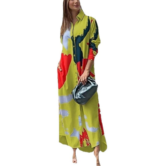 Damen Langes Hemdblusenkleid mit abstraktem Pinselprint und seitlichen Eingrifftaschen Nord Taschen