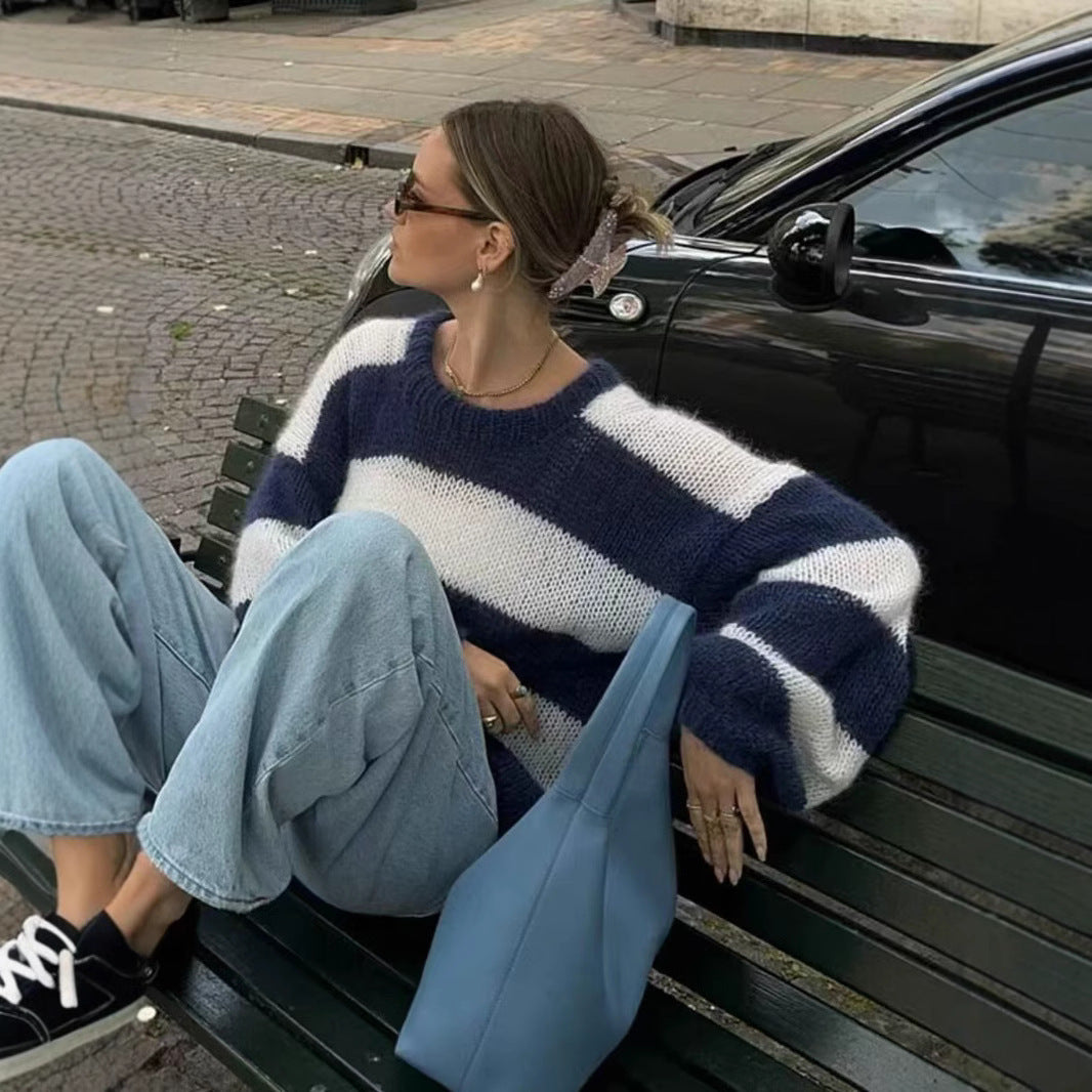 Damen Oversize-Strickpullover mit breiten Blockstreifen und Rundhalsausschnitt Nord Taschen