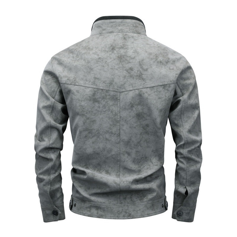 Herren Vintage-Utility Lederimitatjacke mit Stehkragen und mehreren Taschen Nord Taschen