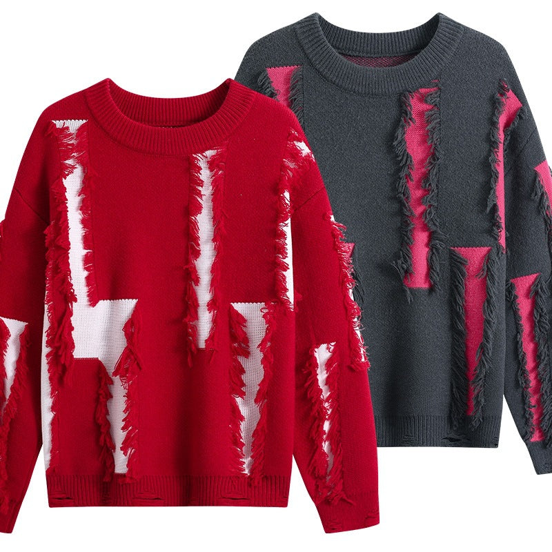 Damen Oversize Strickpullover mit Fransenapplikationen und Destroy-Look Nord Taschen