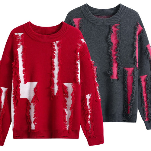 Damen Oversize Strickpullover mit Fransenapplikationen und Destroy-Look Nord Taschen