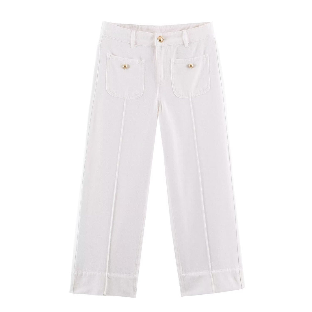 Damen Weite High‑Waist Jeans mit aufgesetzten Fronttaschen und Kantennaht Nord Taschen