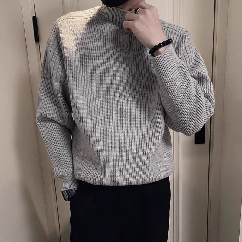 Herren Relaxed Rippstrick‑Pullover mit Halbknopf‑Stehkragen Nord Taschen