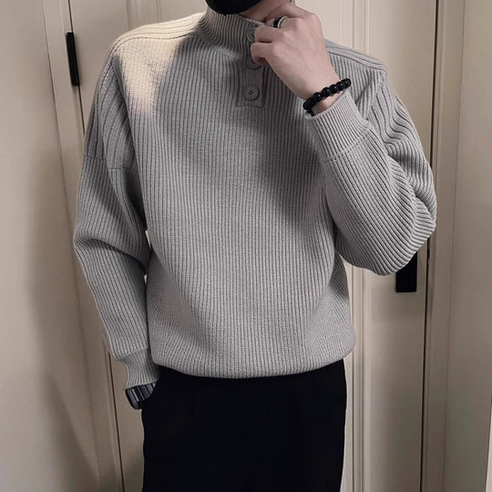 Herren Relaxed Rippstrick‑Pullover mit Halbknopf‑Stehkragen Nord Taschen