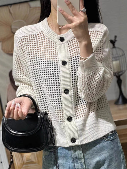 Damen Lockerer Mesh‑Cardigan mit Gitter‑Ajour, Rundhalsausschnitt und Knopfleiste Nord Taschen