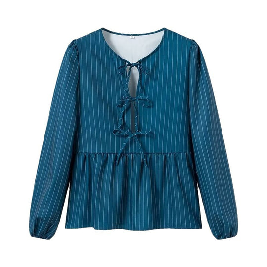 Damen Gestreifte Peplum‑Bluse mit vorderer Schnürung und langen Ballonärmeln Nord Taschen