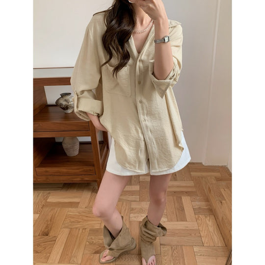 Damen Lässiges Leinenoptik-Longshirt mit Oversize-Schnitt und Brusttasche Nord Taschen