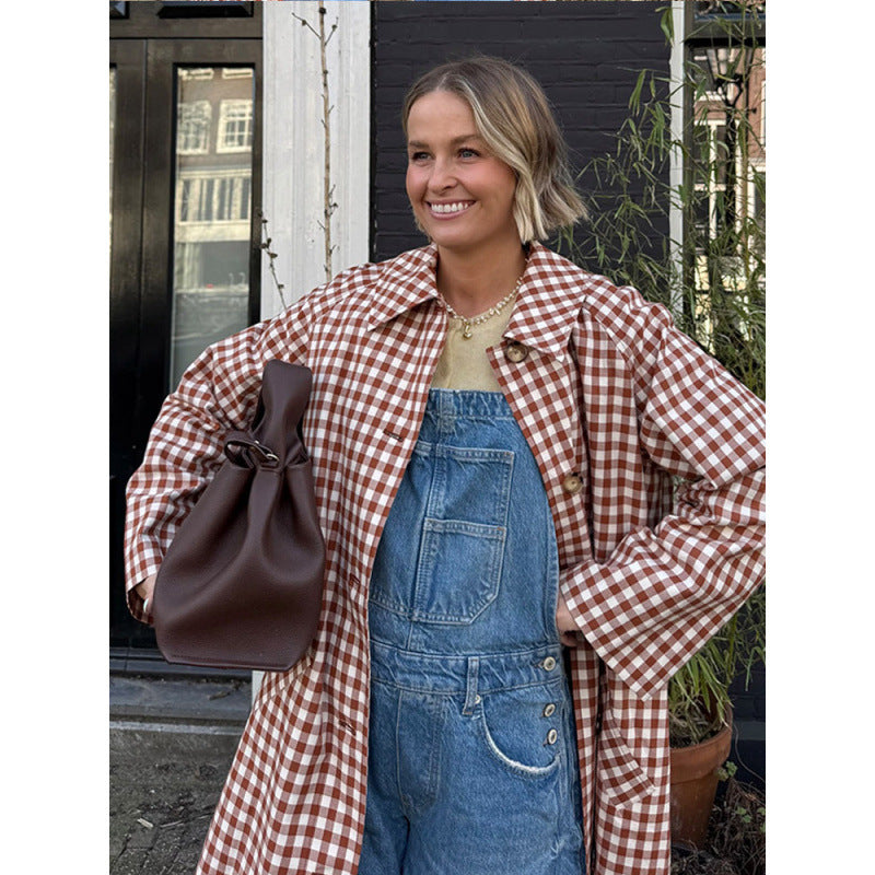 Damen Midilanger karierter Mantel im Oversize-Schnitt mit aufgesetzten Taschen Nord Taschen