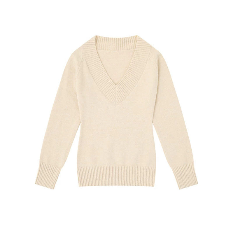 Damen Feinstrickpullover mit tiefem V-Ausschnitt, breitem Ripprand und legerer Passform Nord Taschen