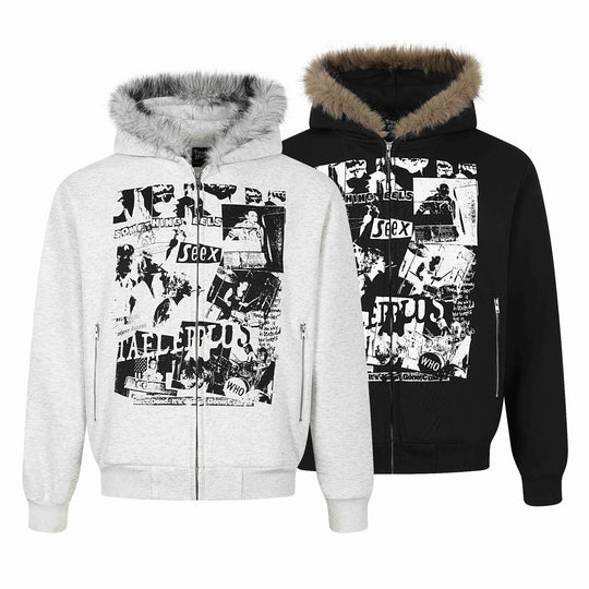 Damen Kapuzen‑Sweatjacke mit Kunstfellbesatz, Frontzip und Collage‑Print Nord Taschen
