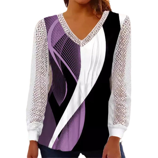 Damen V-Ausschnitt Bluse mit abstraktem Grafikprint und Spitzenärmeln Nord Taschen