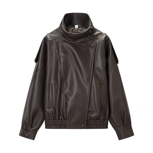 Damen Oversized Kunstlederjacke mit hohem Stehkragen, asymmetrischer Knopfleiste und elastischem Saum Nord Taschen