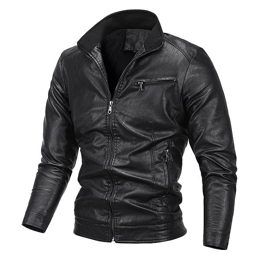 Herren Moto-Blouson in Lederoptik mit tailliertem Schnitt, Stehkragen und Reißverschlusstaschen Nord Taschen