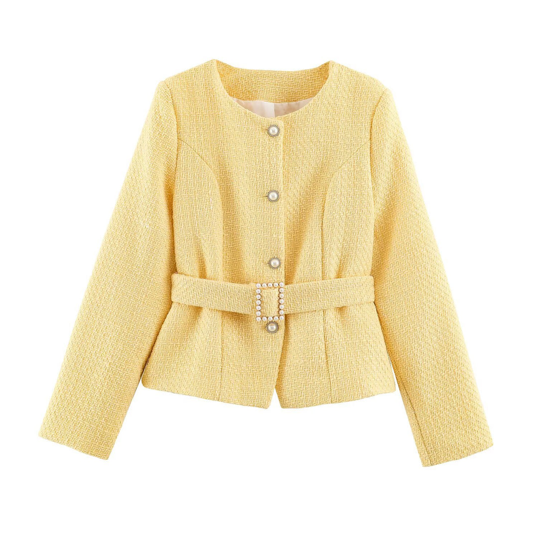 Damen Kurzjacke im Bouclé‑Tweed‑Stil mit Perlenknöpfen und Taillengürtel Nord Taschen