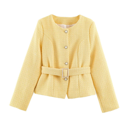 Damen Kurzjacke im Bouclé‑Tweed‑Stil mit Perlenknöpfen und Taillengürtel Nord Taschen