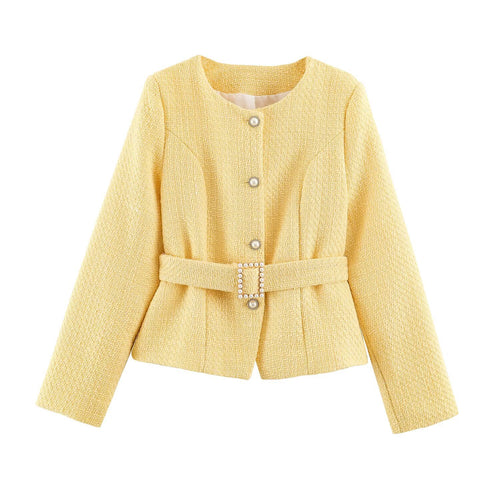 Damen Kurzjacke im Bouclé‑Tweed‑Stil mit Perlenknöpfen und Taillengürtel Nord Taschen