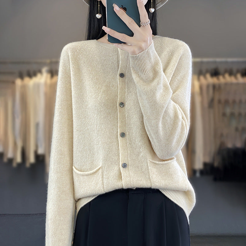 Damen Langer Feinstrick-Cardigan mit Rundhalsausschnitt, Eingrifftaschen und Alpaka-Mix Nord Taschen