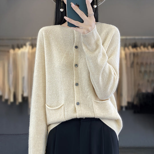 Damen Langer Feinstrick-Cardigan mit Rundhalsausschnitt, Eingrifftaschen und Alpaka-Mix Nord Taschen