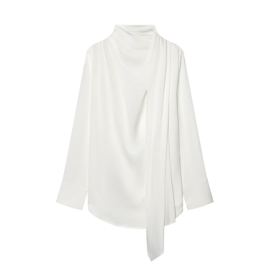 Damen Drapierte Oversize-Bluse mit Schluppe und Stehkragen Nord Taschen