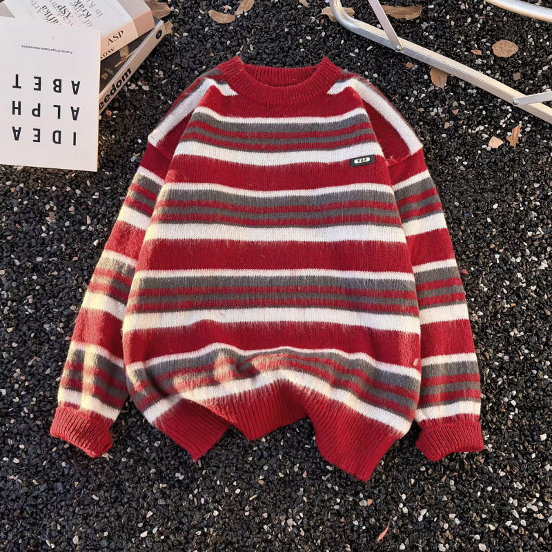 Unisex Gestreifter Oversize-Mohair‑Optik Pullover mit Rundhals und weicher Struktur Nord Taschen