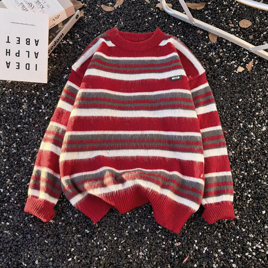 Unisex Gestreifter Oversize-Mohair‑Optik Pullover mit Rundhals und weicher Struktur Nord Taschen