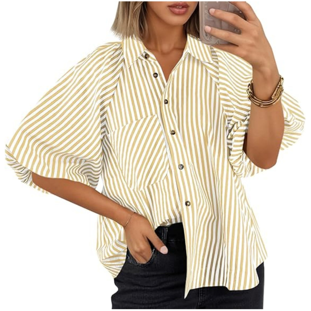 Damen Oversize Hemdbluse mit Ballonärmeln und vertikalem Streifenmuster Nord Taschen