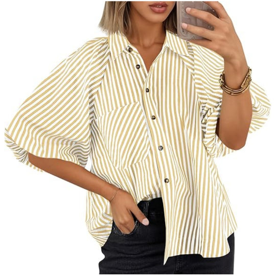 Damen Oversize Hemdbluse mit Ballonärmeln und vertikalem Streifenmuster Nord Taschen