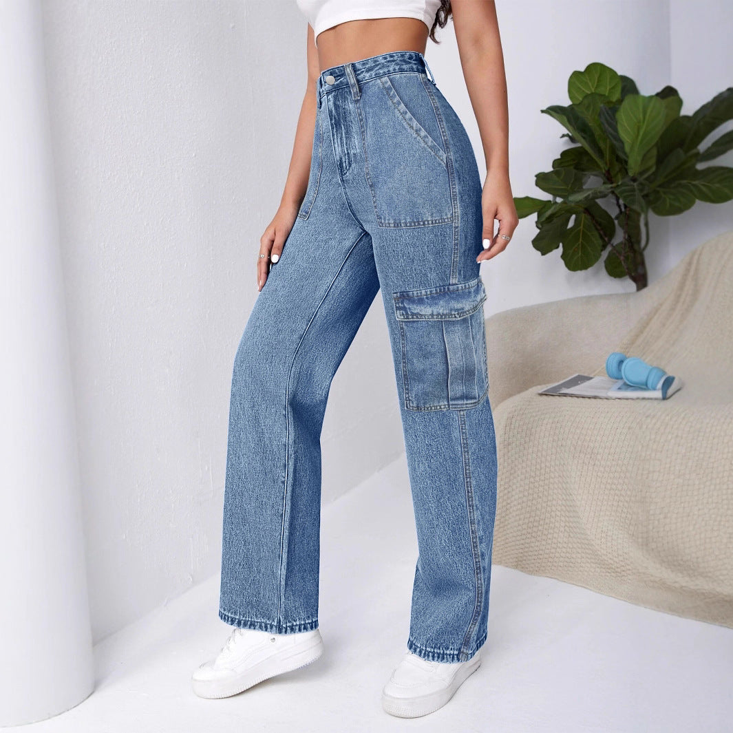 Damen Hochtaillierte Cargo-Weite-Jeans mit aufgesetzten Taschen und elastischem Saum Nord Taschen