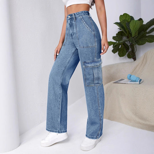 Damen Hochtaillierte Cargo-Weite-Jeans mit aufgesetzten Taschen und elastischem Saum Nord Taschen