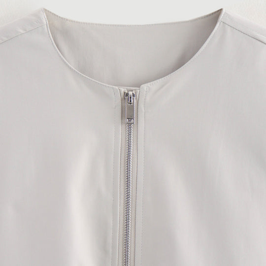 Damen Leichte Cropped-Workerjacke ohne Kragen mit Frontreißverschluss und Pattentaschen Nord Taschen