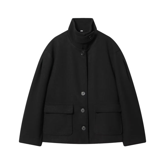 Damen Kurze Boxy-Wollmix-Jacke mit Stehkragen und aufgesetzten Pattentaschen Nord Taschen