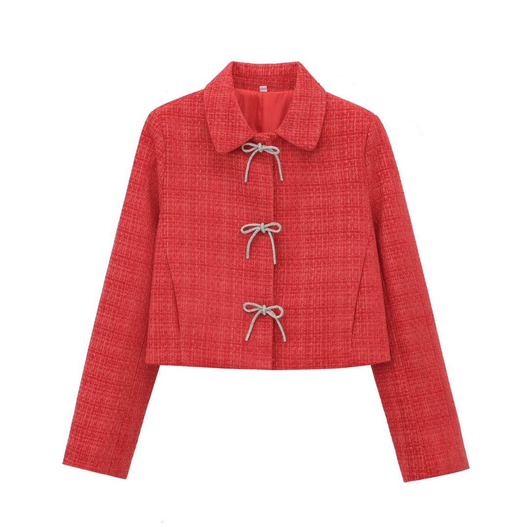 Damen Kurze Bouclé‑Tweed‑Jacke mit Peter‑Pan‑Kragen und dekorativen Schleifenverschlüssen Nord Taschen