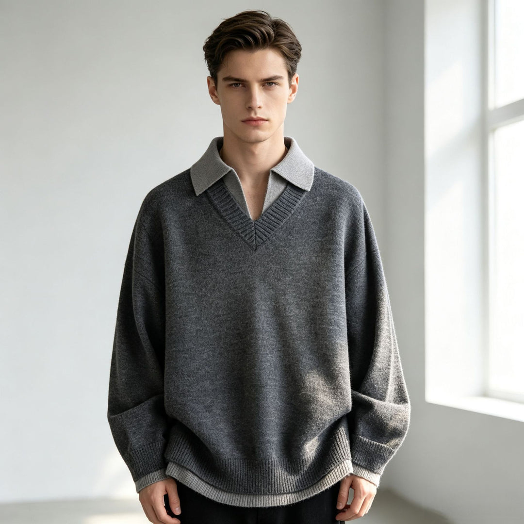 Unisex Lässiger Strukturstrick-Pullover mit offenem Polokragen und tiefem V-Ausschnitt Nord Taschen