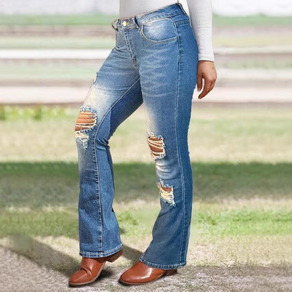 Damen Bootcut-Jeans mit Knie-Rissen aus Stretch-Denim und mittelhoher Taille Nord Taschen