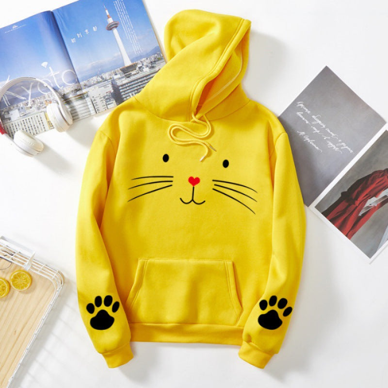 Damen nan Kapuzenpullover mit gedrucktem Katzenmotiv, Kängurutasche und Pfotenapplikationen Nord Taschen