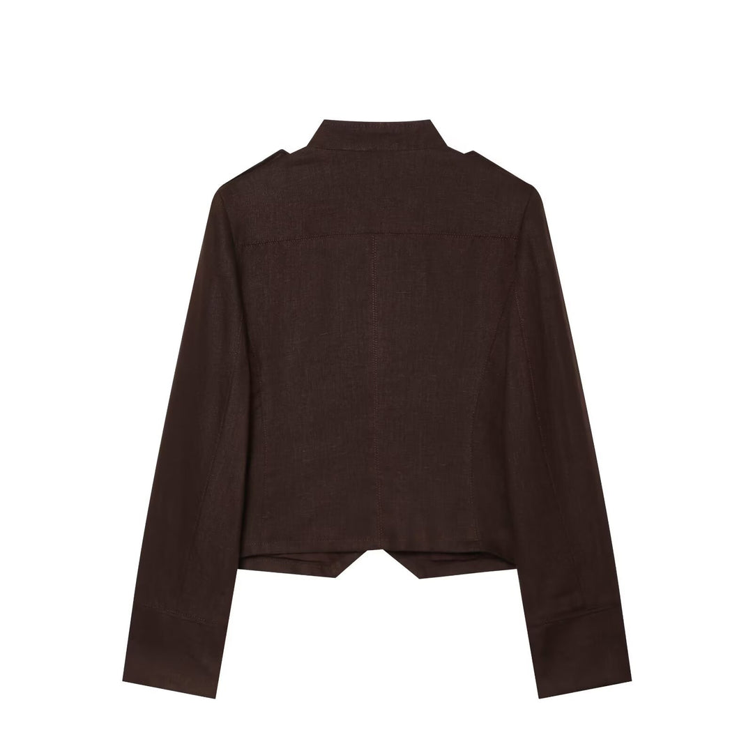 Damen Cropped Feldjacke im Militärstil mit Stehkragen, Epauletten und doppelter Zierknopfleiste Nord Taschen