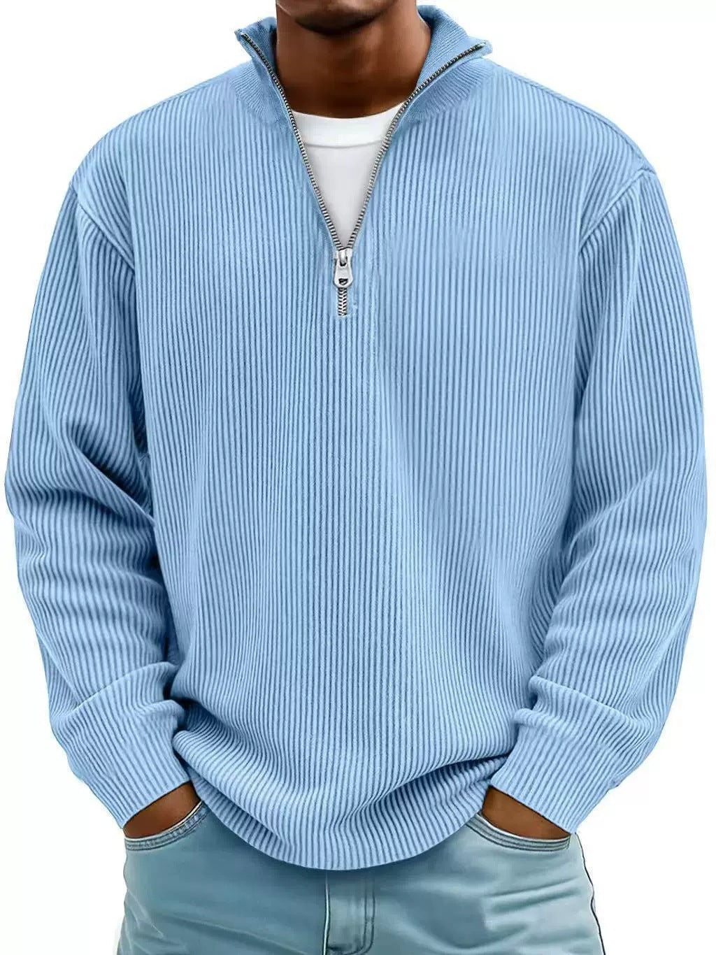 Herren Gerippter Halbzip-Strickpullover mit Stehkragen und lockerer Passform Nord Taschen