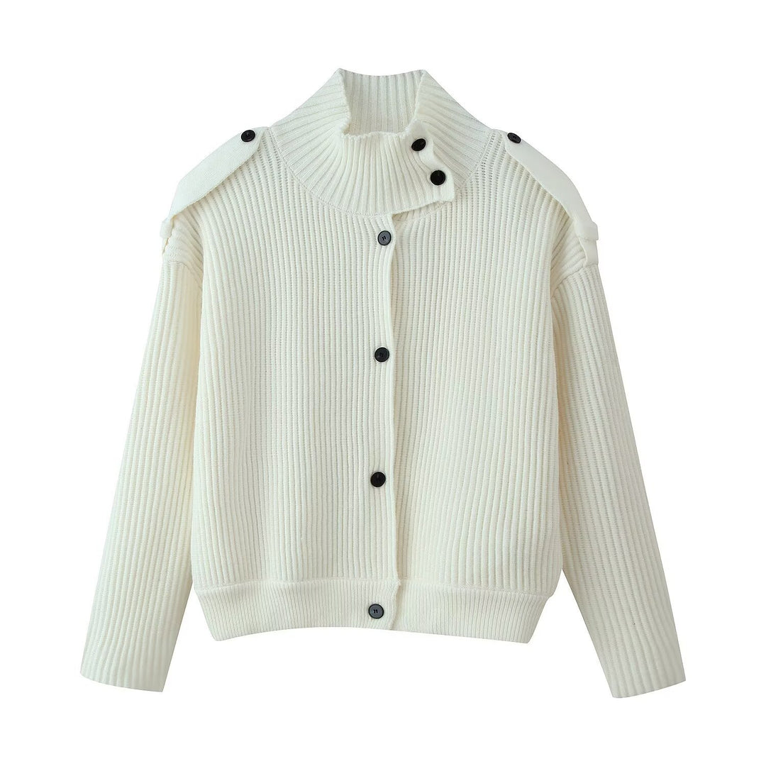 Damen Strukturstrick-Cardigan mit Stehkragen, Knopfleiste und Schulterpatten Nord Taschen
