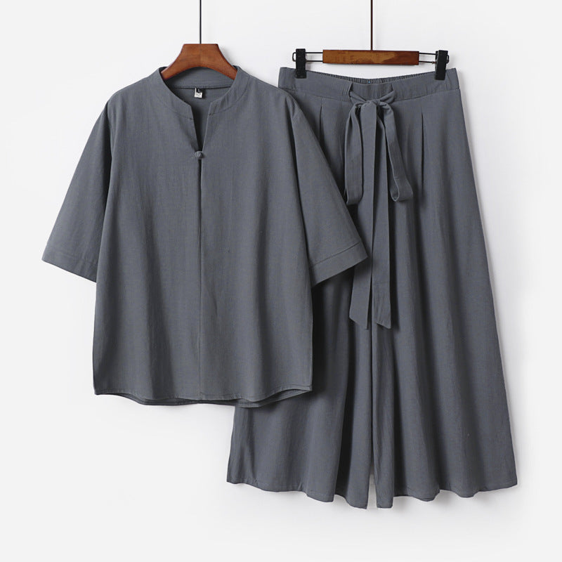 Damen Lässiges Leinen-Viskose Lounge-Set mit Stehkragen-Oberteil und weiten Palazzo-Hose Nord Taschen