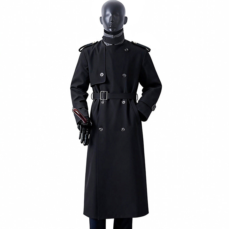 Herren Zeitloser Maxilanger Trenchcoat im Military-Stil mit Sturmklappe und Taillengürtel Nord Taschen