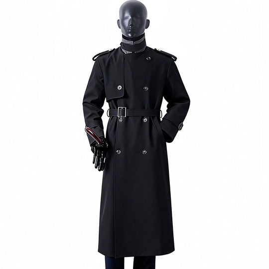 Herren Zeitloser Maxilanger Trenchcoat im Military-Stil mit Sturmklappe und Taillengürtel Nord Taschen