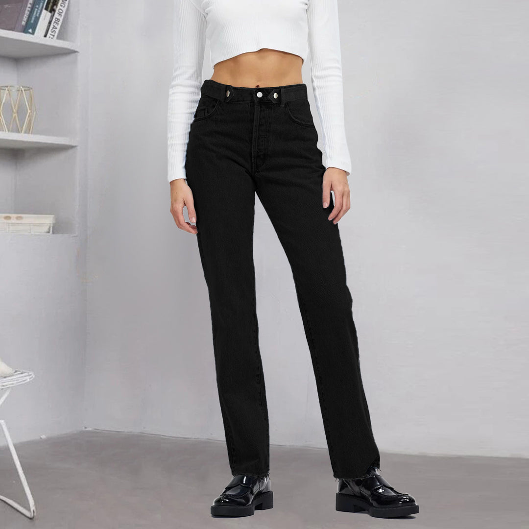 Damen Hochtaillierte gerade geschnittene Jeans aus rigid Denim mit rohem Saum Nord Taschen