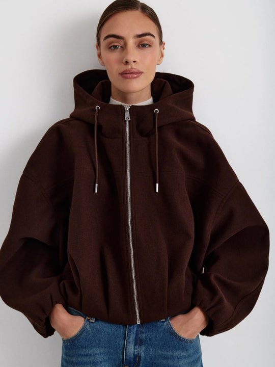 Damen Kurzjacke aus Wollmix mit Kapuze, kastiger Boxy‑Silhouette & gerafftem Saum Nord Taschen