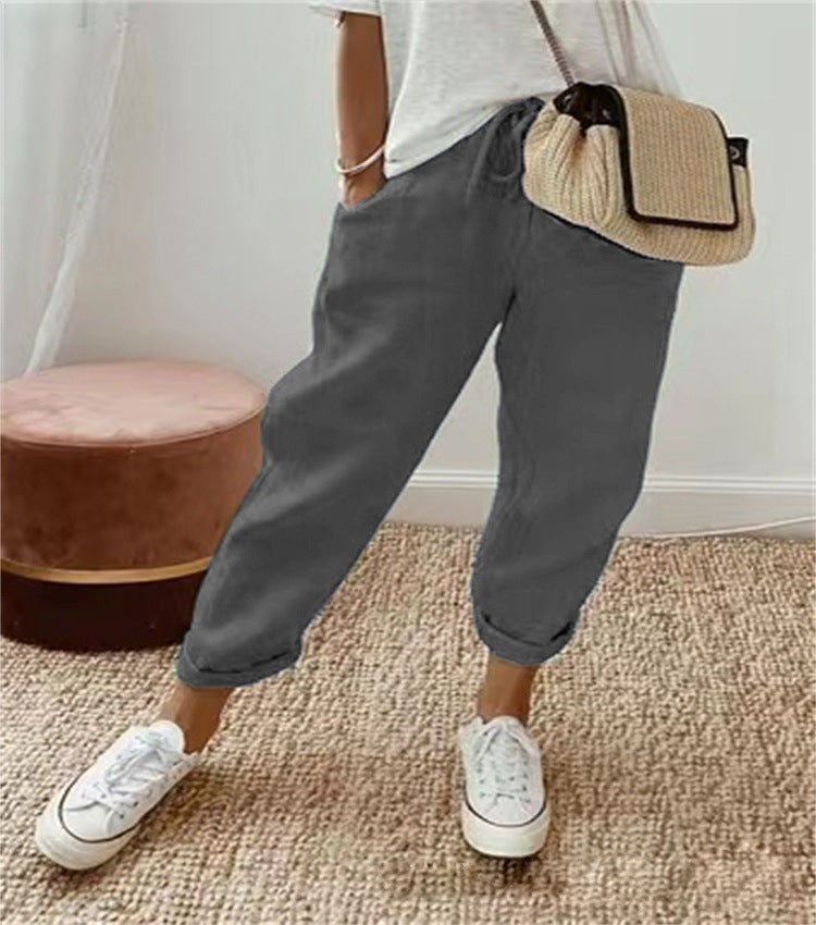 Damen Lässige Leinen-Joggerhose mit hohem Bund, Tunnelzug und gekrempeltem Saum Nord Taschen