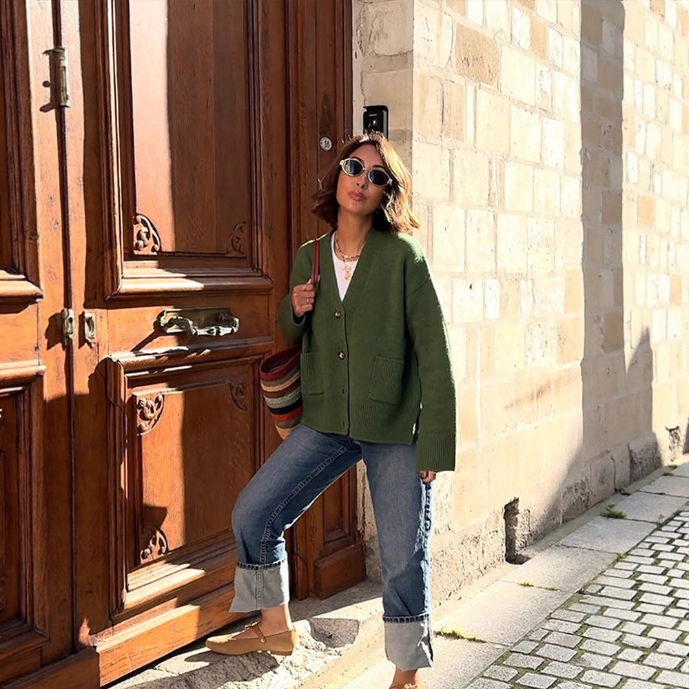 Damen Oversize-Strickcardigan mit Zierknopfleiste, aufgesetzten Taschen und verlängerten Bündchen Nord Taschen