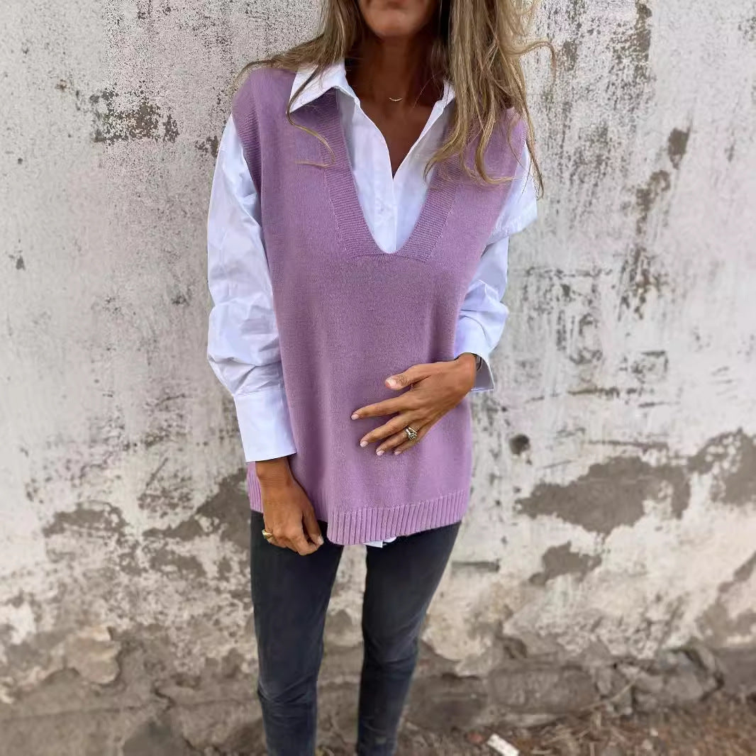 Damen lässiger Strickpullover mit V-Ausschnitt