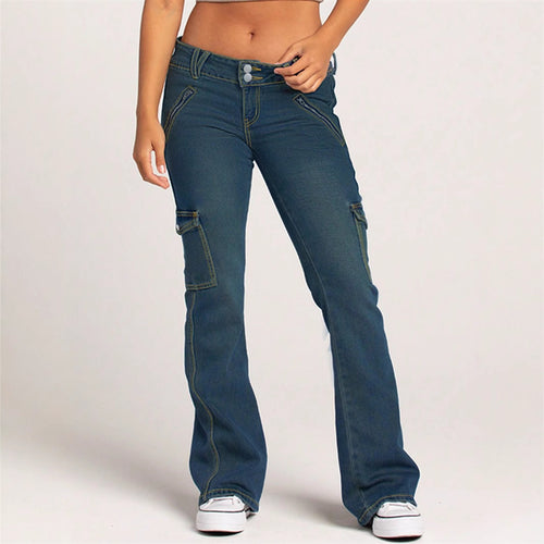 Damen Cargo-Flared-Jeans mit mittelhohem Bund, Ziernähten und Pattentaschen Nord Taschen