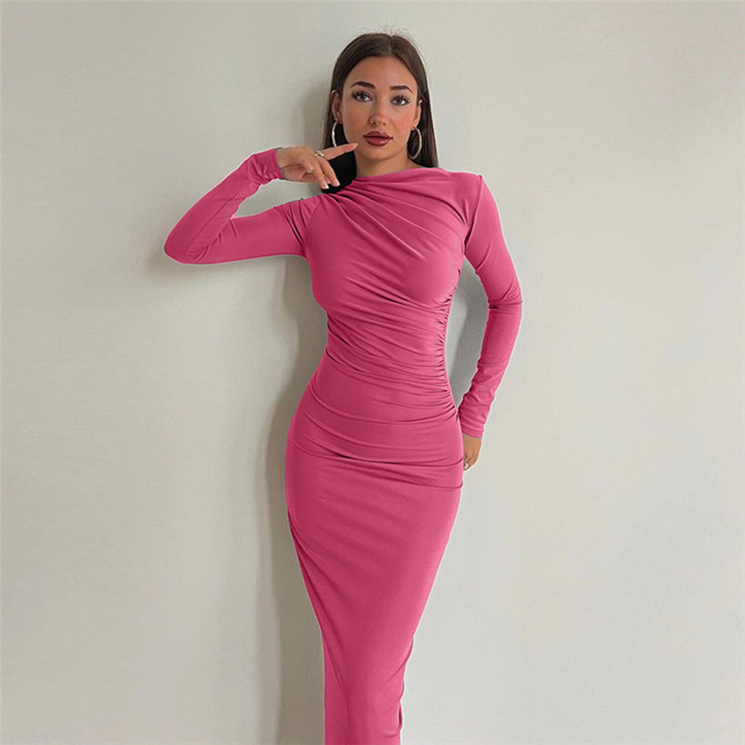 Damen figurbetontes Maxikleid mit hohem Kragen und seitlicher Raffung Nord Taschen